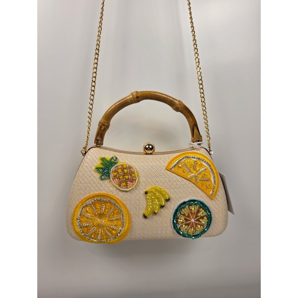 Haute Hippie Beaded Fruit Straw Clutch Crossbody Bamboo Handle Bag Natural NEW - Picture 1 of 13